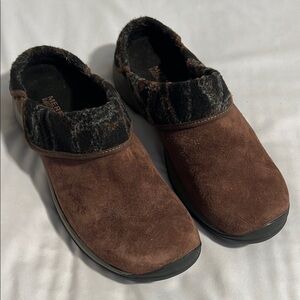 Merrell Womens Bracken Suede Clog Mule Slip On‎ Brown Plaid Trim Size 8